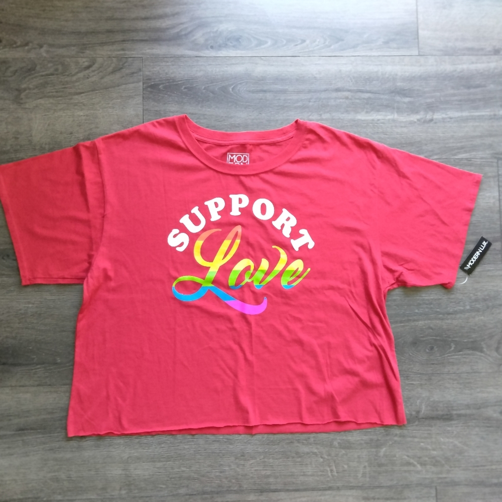 NWT Modern Lux "Support Love" Short Sleeve Red Cotton T-shirt Size 1X Pride